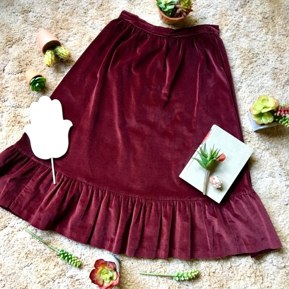 {Vintage} Midi Crushed Velvet Dark Cranberry Skirt - Picture 6 of 8
